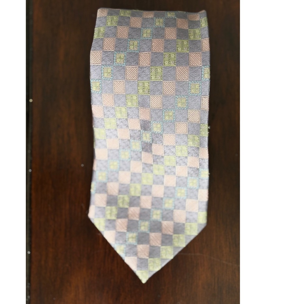 Daniel De Fasson Mens‎ Silk Necktie Gray Pink Green Check Pattern Tie Vintage - Picture 11 of 13